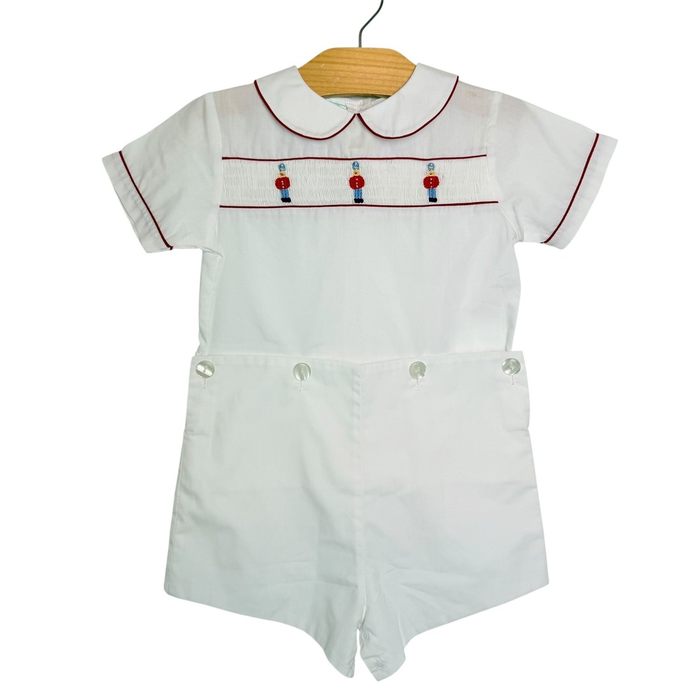 Bailey Babies Vintage Smocked Toy Soldier Button On Romper Set White Red 3T